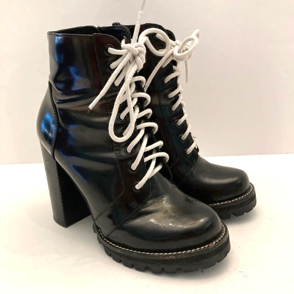 Jeffrey Campbell‎ Legion Black Leather Heel Lace Zip Lug Ankle Boots Women's 7M
